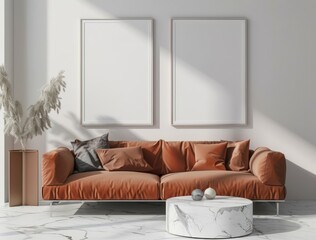 Modern living room interior with a comfortable orange sofa, stylish coffee table, and two blank frames. Add your artwork to the empty canvas and visualize your design ideas!