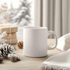 coffee mug mockup with Christmas decorations on a wooden table can be used for showcasing personalized holiday designs, branding, festive marketing, product promotion, gift ideas, or seasonal advertis