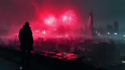 Generative AI Image of A Man Standing on a Tall Building with City View and Fireworks at Night