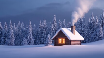 Poster - Cozy winter cabin surrounded by snow-covered trees