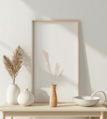 Minimalist interior design with a blank frame mockup, dried flowers in vases, and a bowl on a wooden table. Sunlight casts shadows on the white wall, creating a serene atmosphere.