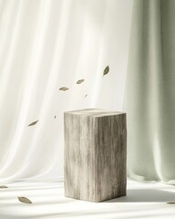 Aufkleber - Minimalist Wooden Podium in Eco-Friendly Mockup with Floating Leaves