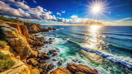 Rocky shoreline in extreme close-up with sunny weather background