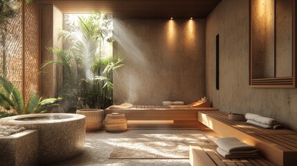 Poster - Luxurious Minimalist Spa With Stone Bathtub and Wooden Sauna Bench