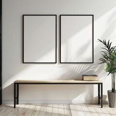 Two blank black frames mockup on white wall in modern minimalist interior with wooden bench, sunlight shadows. Empty poster frames mock up.