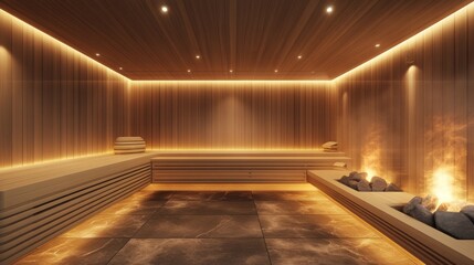 Poster - Modern Wooden Sauna with Stone Heater and Tile Floor