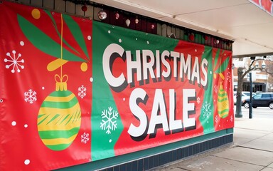 Festive Christmas sale banner depicting holiday ornaments and snowflakes, vibrant colors on urban storefront.