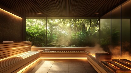 Poster - Modern Sauna with Wooden Benches and Large Window Showing a Lush Green Forest