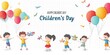 © Swati - Children's Day postcard with flying balloons bunch and gift box on blue sky background.