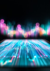 Poster - Vibrant Close-up of Business Graphs on Tablet Screen with Neon Light Effects