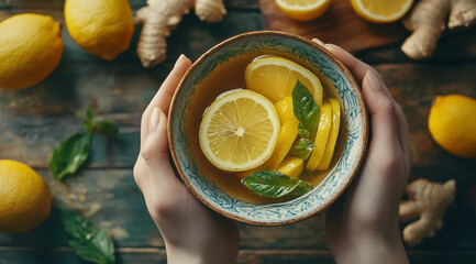 Wall Mural - Cup of tea in female hands and lemon on a wooden background close up top view, created with Generative AI technology