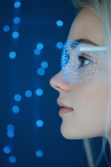 Poster - Close-Up of Blonde Woman with Futuristic Smart Glasses in Neon Blue Office at Night