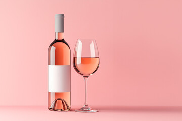 a blank bottle of rose wine with a wineglass on a pink background - mockup template 