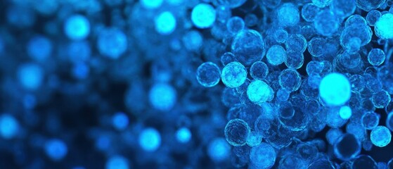 Wall Mural - A close-up view of vibrant blue bubbles that create an abstract, dreamy background with captivating light and texture.