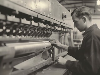Wall Mural - a bending machine with a technician inspecting the bend