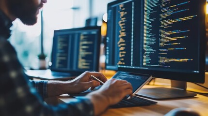 A person coding on a tablet with dual monitors displaying programming code.