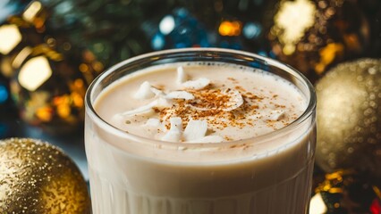 A closeup of a glass of eggnog topped with coconut flakes and cinnamon, with a blurry background of Christmas ornaments and lights.