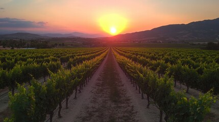 A beautiful sunset over a vineyard with long rows of vines, symbolizing the abundant harvest and artistry of winemaking