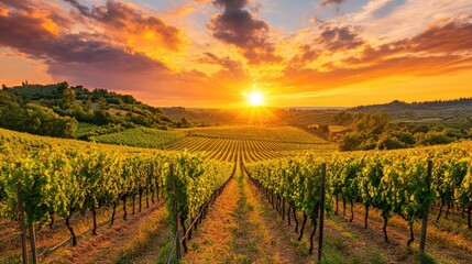 A beautiful sunset over a vineyard with long rows of vines, symbolizing the abundant harvest and artistry of winemaking