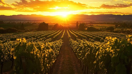 A beautiful sunset over a vineyard with long rows of vines, symbolizing the abundant harvest and artistry of winemaking