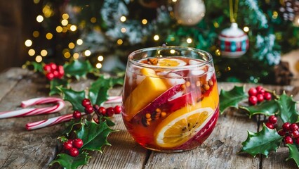 A glass of festive fruit punch with lemon, orange, and spices, resting on a rustic wooden surface adorned with holly sprigs and candy canes. A blurred Christmas tree background adds a touch of holiday