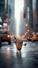 Wall Mural - Wolf amidst bustling city streets, with skyscrapers and traffic contrasting its calm and imposing presence in an urban setting.