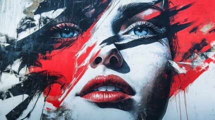 A striking mural featuring a woman's face with intense blue eyes and bold red and black abstract elements.