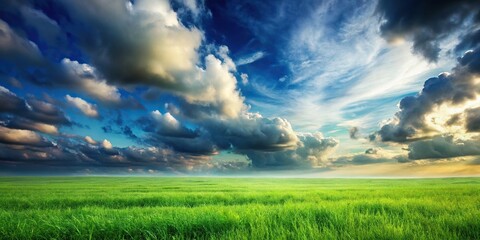 Scenic landscape painting of grass field under cloudy sky