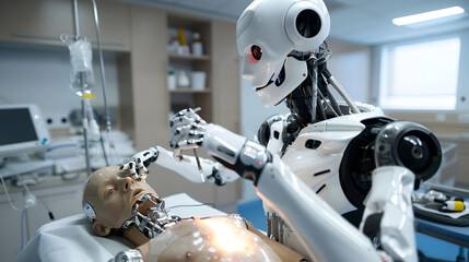 Robotic surgery and medical robotics concept. AI robot performs complex operations for another humanoid robot patient in a hospital bed. Robots with artificial intelligence repair each other