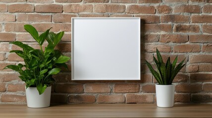 Minimalist decor with empty frame and two potted plants on wooden table.