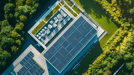 Wall Mural - aerial view of a large-scale data center powered by sustainable energy with solar panels on the roof