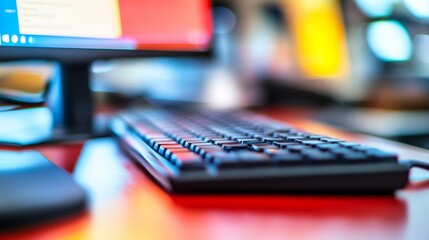 A close-up of a computer keyboard on a desk, with a blurred monitor in the background.