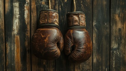 aged boxing gloves hanging on a nail, with their leather surface showing signs of wear and tear