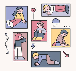Wall Mural - people characters with sad and depressed emotions. cute character illustration with outline.