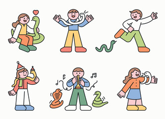 Wall Mural - happy new year 2025. people having fun with snakes to welcome the year of the snake.
