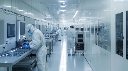 Fototapete - Meticulous technicians in a cleanroom environment ensuring precision in high-tech operations and safety protocols