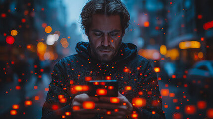 A man is looking at his cell phone in a city street. The image is blurry and has a lot of red and orange lights, giving it a chaotic and busy atmosphere