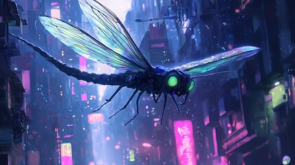 Aufkleber - A futuristic cyberdragonfly soars through neon-lit streets blending nature with technology in a vibrant urban landscape