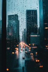 Poster - Cityscape through rain-covered window