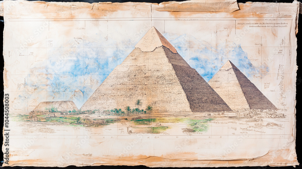 Pyramid Detailed A detailed blueprint of the Great Pyramid of Giza, showing precise ...