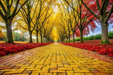 Wall Mural - Scenic yellow brick road with red trees