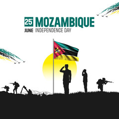 Happy Independence Day! Mozambique with the Mozambique flag and the Mozambique Army and soldier salute of their flag illustration design.