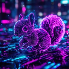 Synthwave style squirrel, glowing in neon hues, running through a futuristic digital cityscape.