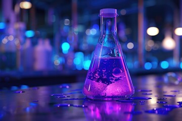 purple glass flask in blue research chemistry science banner laboratory background