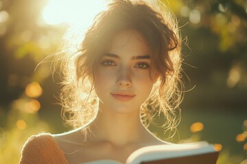 Beautiful girl reading a book in a field at sunset