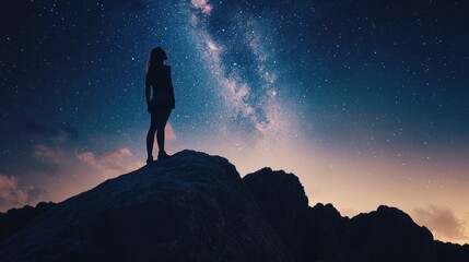 Woman's silhouette on mountain summit looking at stars, empowerment and new beginnings.