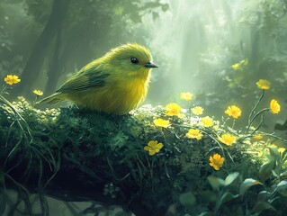 Poster - Yellow Bird Perched on a Branch in a Lush Forest