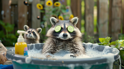 Funny raccoon relaxing in a bubble bath with cucumbers over its eyes, bringing humor to a backyard spa day. Image made using Generative AI.