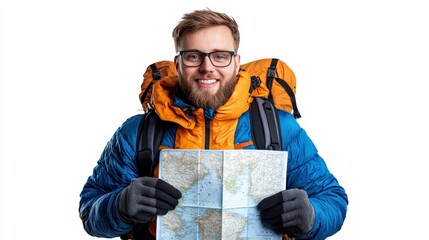 A traveler in full winter gear holding a map of a snowy destination, isolated on white