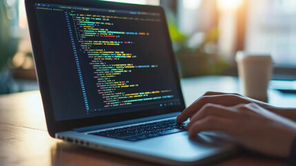 Someone is coding on a laptop. This image shows the work of software developers and is great for representing anything related to technology, like websites or computer programs.